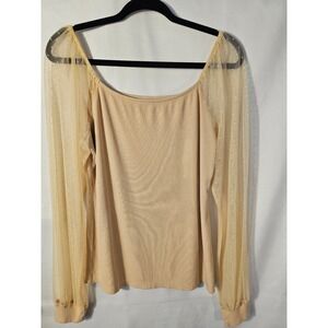 Dorose Beige Ribbed Knit Square Neck Top with Sheer Swiss Dot Mesh Sleeves XL